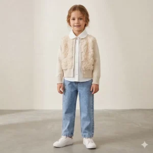 Kız Çocuk Tül İşlemeli Hırka-gömlek-çiçek İşlemeli Kot Pantolonlu 3 Lü Takım