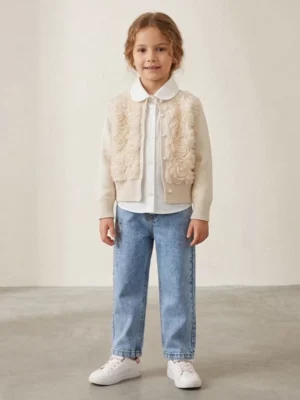 Kız Çocuk Tül İşlemeli Hırka-gömlek-çiçek İşlemeli Kot Pantolonlu 3 Lü Takım - Almira Bebek