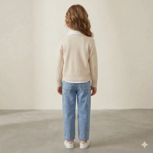 Kız Çocuk Tül İşlemeli Hırka-gömlek-çiçek İşlemeli Kot Pantolonlu 3 Lü Takım - 3. görsel