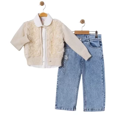 Kız Çocuk Tül İşlemeli Hırka-gömlek-çiçek İşlemeli Kot Pantolonlu 3 Lü Takım - 4. görsel