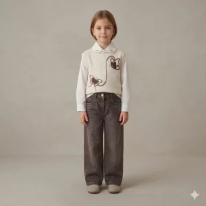 Kız Çocuk Kelebek İşlemeli -boncuklu Triko Süveter- Uzun Kollu Gömlek- Pantolon Takım