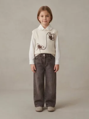 Kız Çocuk Kelebek İşlemeli -boncuklu Triko Süveter- Uzun Kollu Gömlek- Pantolon Takım - Almira Bebek