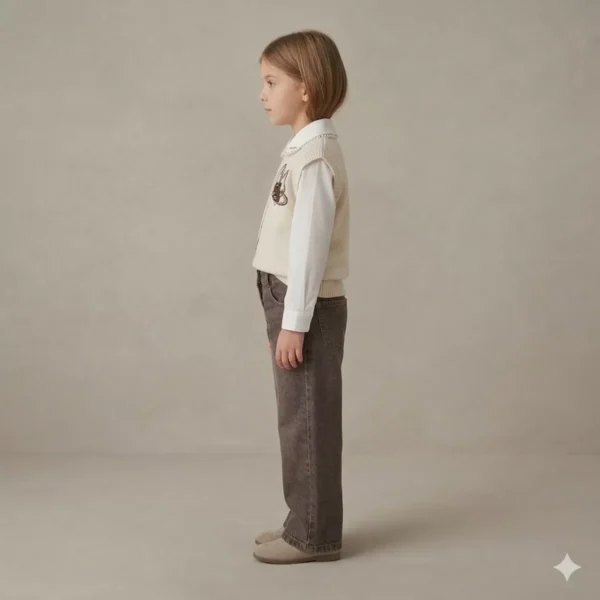 Kız Çocuk Kelebek İşlemeli -boncuklu Triko Süveter- Uzun Kollu Gömlek- Pantolon Takım - 2. görsel