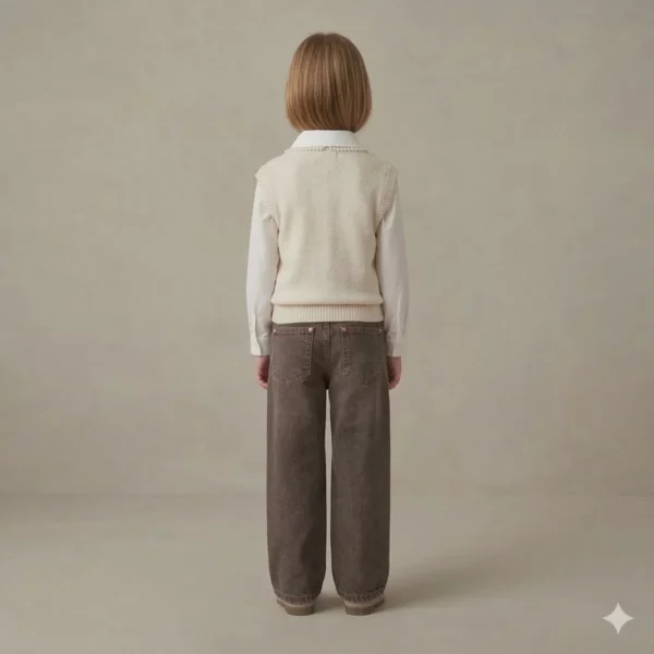 Kız Çocuk Kelebek İşlemeli -boncuklu Triko Süveter- Uzun Kollu Gömlek- Pantolon Takım - 3. görsel