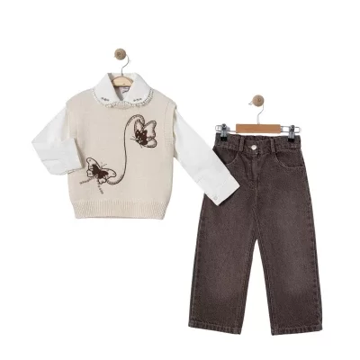 Kız Çocuk Kelebek İşlemeli -boncuklu Triko Süveter- Uzun Kollu Gömlek- Pantolon Takım - 4. görsel