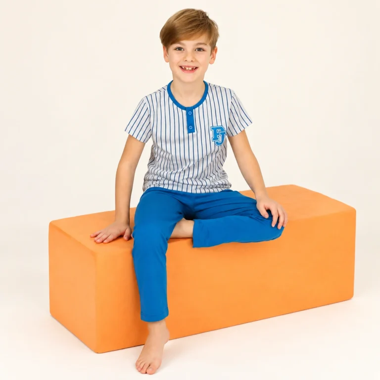 Erkek Bebek ve Çocuk Mavi Çizgili Kısa Kollu Pijama Takımı 1-9 Yaş