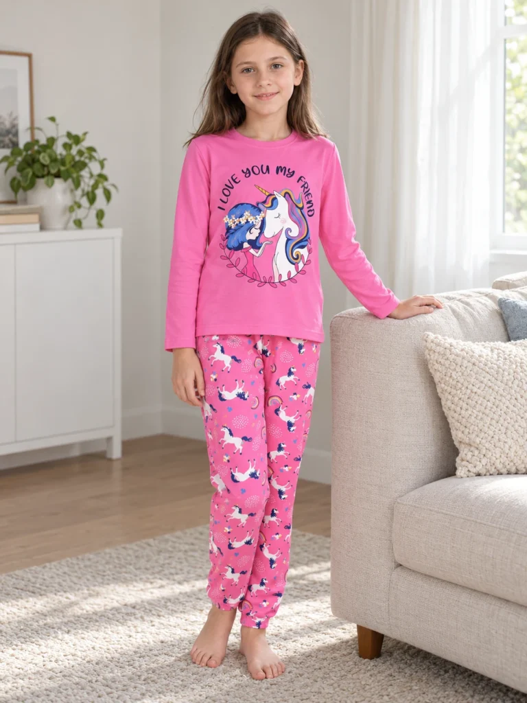 Kız Çocuk Unicornlu Love You My Frıend Yazılı Pamuklu Pembe Renk Pijama Tk. - V3 doğal ürün görünümü - Almira Bebek