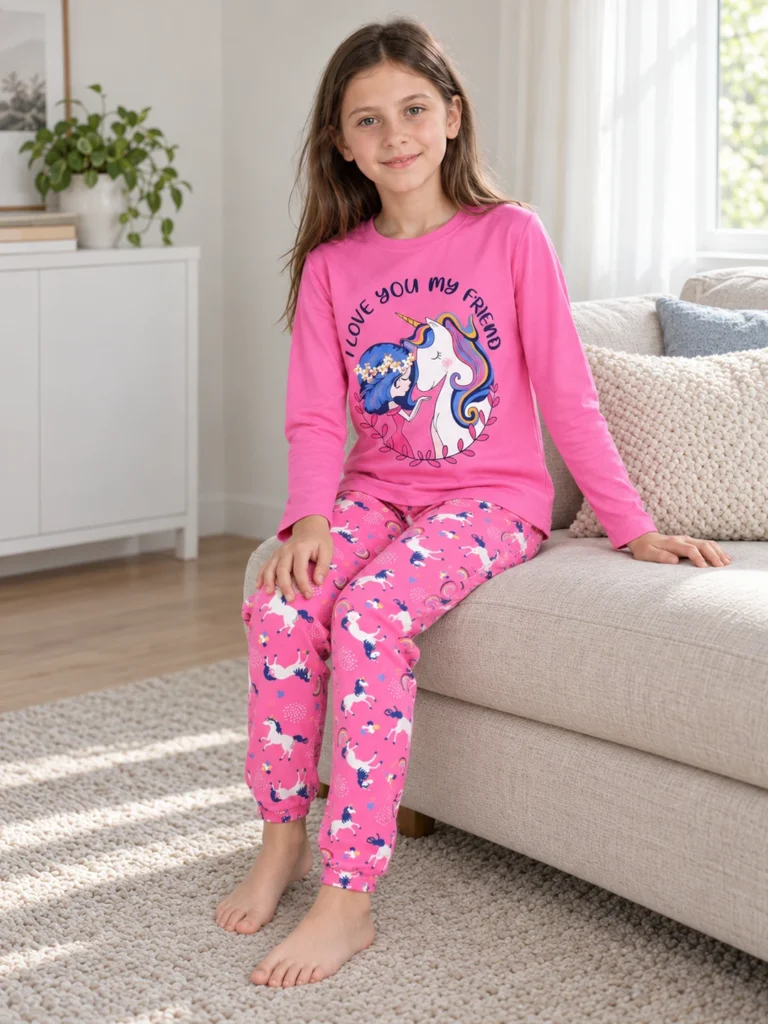 Kız Çocuk Unicornlu Love You My Frıend Yazılı Pamuklu Pembe Renk Pijama Tk. - V3 doğal ürün görünümü - Almira Bebek