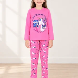 Kız Çocuk Unicornlu Love You My Frıend Yazılı Pamuklu Pembe Renk Pijama Tk. - Konsept ürün fotoğrafı - Almira Bebek