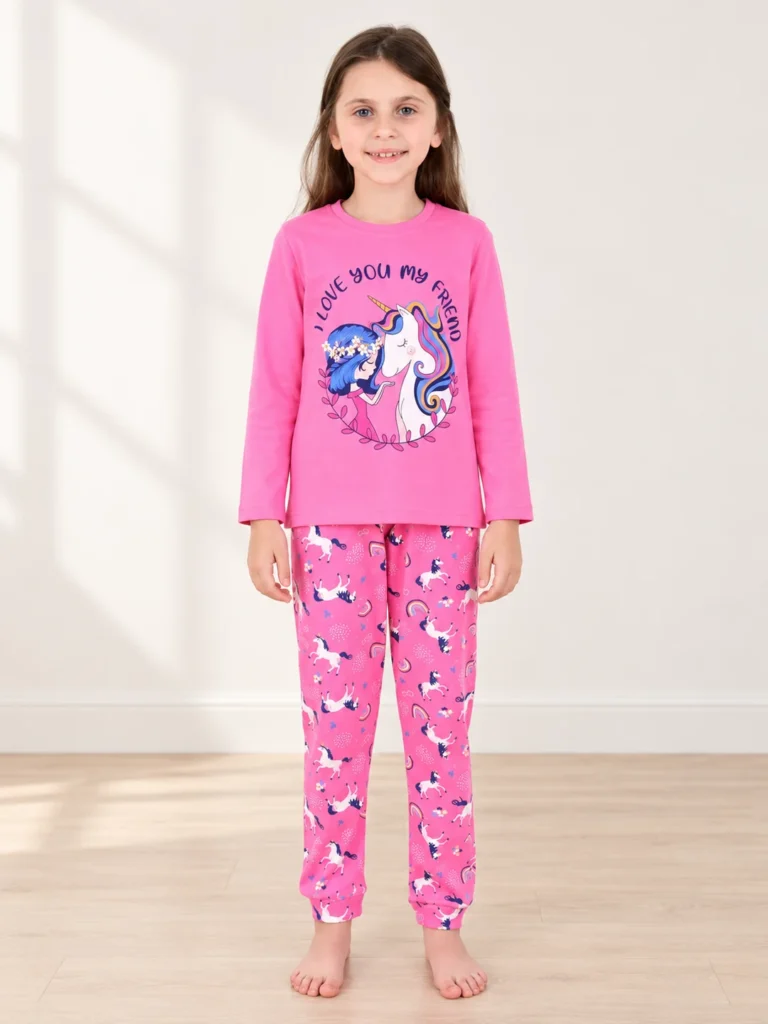 Kız Çocuk Unicornlu Love You My Frıend Yazılı Pamuklu Pembe Renk Pijama Tk.