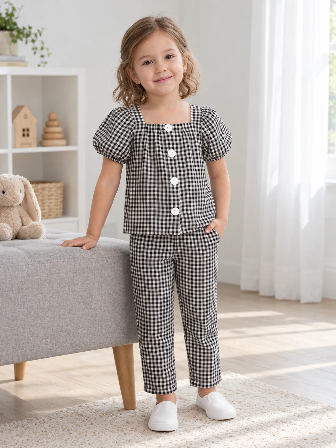 Kız Çocuk Piti Kare Detaylı Pantolon Bluz Takım - V3 doğal ürün görünümü - Almira Bebek