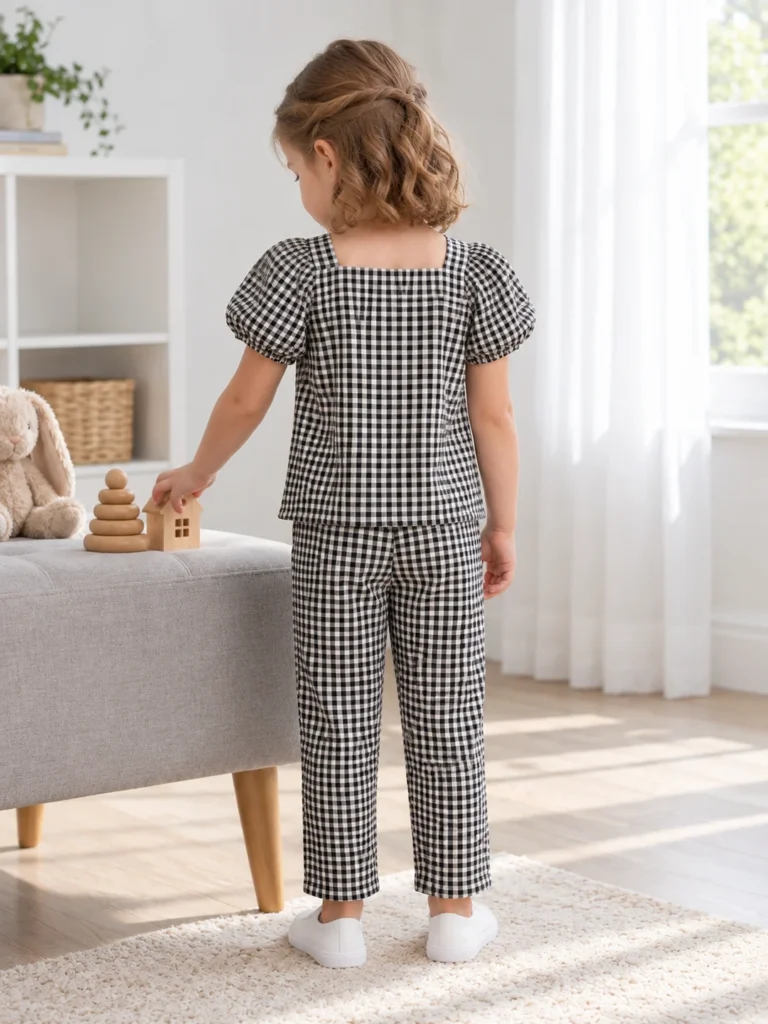 Kız Çocuk Piti Kare Detaylı Pantolon Bluz Takım - V3 doğal ürün görünümü - Almira Bebek