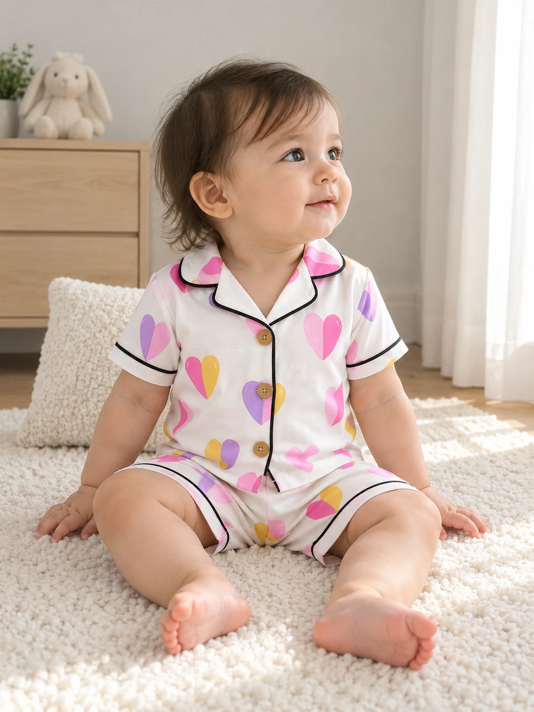 Kız Bebek Kalp Baskılı Düğmeli KIsa Kollu Şortlu Pijama Takımı - V3 doğal ürün görünümü - Almira Bebek