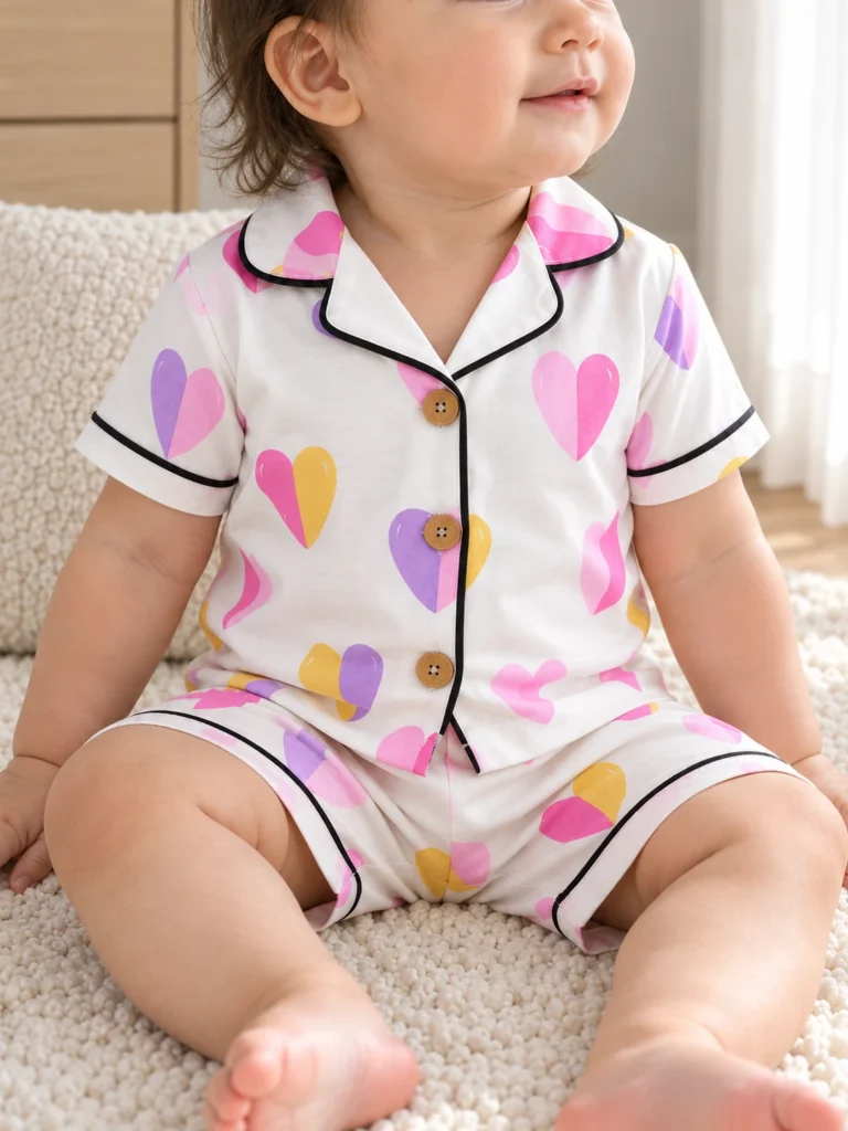 Kız Bebek Kalp Baskılı Düğmeli KIsa Kollu Şortlu Pijama Takımı - V3 doğal ürün görünümü - Almira Bebek