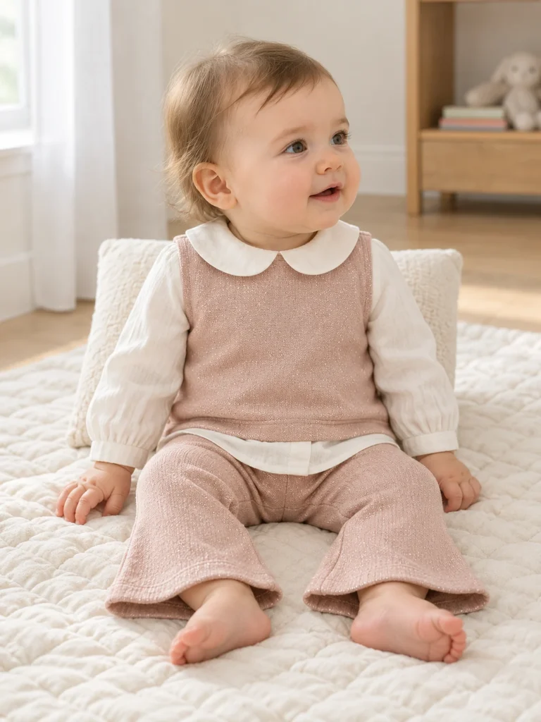 Kız bebek Bebe Yaka Simli Müslin Kumaş Pantolon Takım