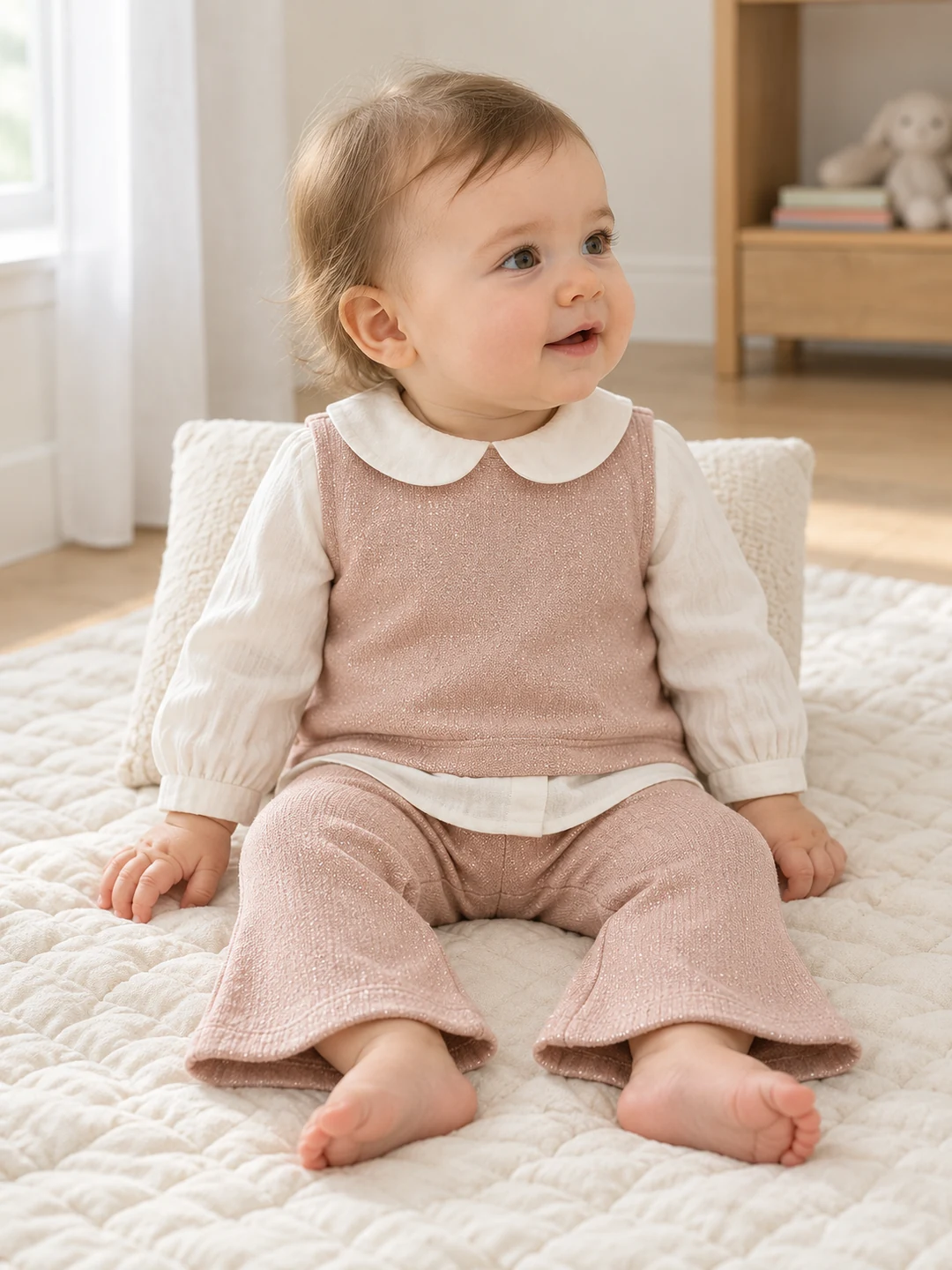Kız bebek Bebe Yaka Simli Müslin Kumaş Pantolon Takım - V3 doğal ürün görünümü - Almira Bebek