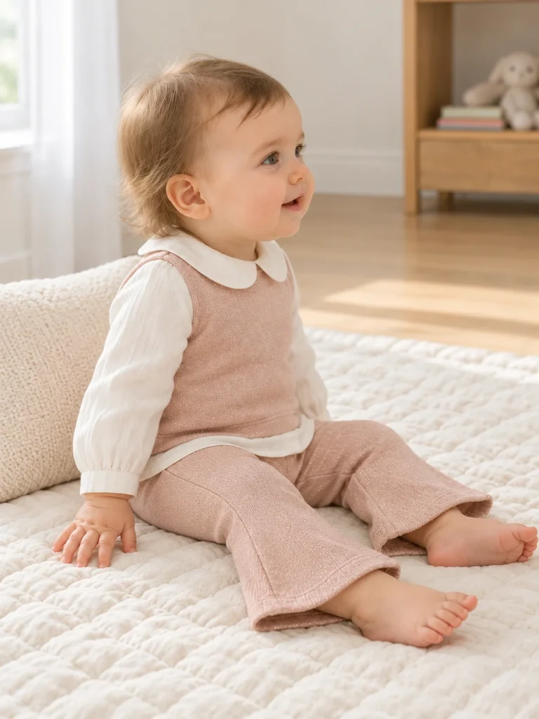 Kız bebek Bebe Yaka Simli Müslin Kumaş Pantolon Takım - V3 doğal ürün görünümü - Almira Bebek