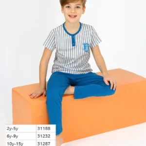 Desenli Düğmeli Erkek Çocuk Pijama Takımı | 2 - 9 Yaş | Mavi - Almira Bebek