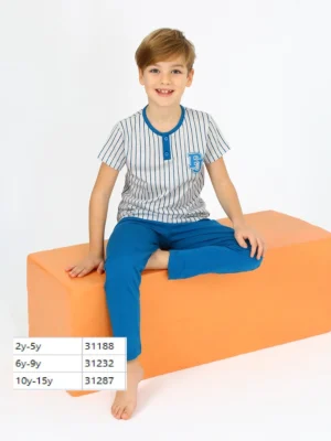 Desenli Düğmeli Erkek Çocuk Pijama Takımı | 2 - 9 Yaş | Mavi - Almira Bebek
