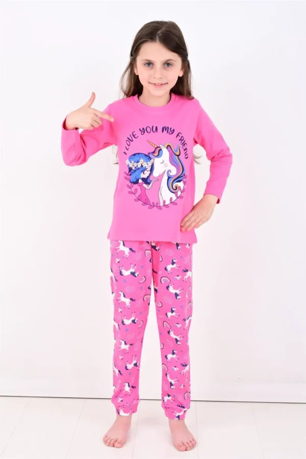 Kız Çocuk Unicornlu Love You My Frıend Yazılı Pamuklu Pembe Renk Pijama Tk. - 2. görsel