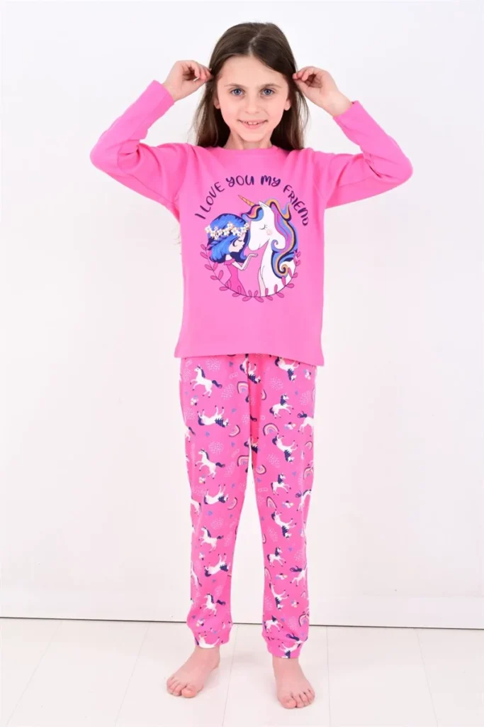 Kız Çocuk Unicornlu Love You My Frıend Yazılı Pamuklu Pembe Renk Pijama Tk. - 3. görsel