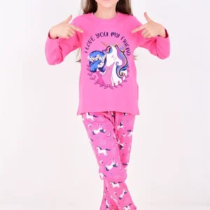 Kız Çocuk Unicornlu Love You My Frıend Yazılı Pamuklu Pembe Renk Pijama Tk. - Almira Bebek