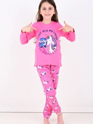 Kız Çocuk Unicornlu Love You My Frıend Yazılı Pamuklu Pembe Renk Pijama Tk. - Almira Bebek