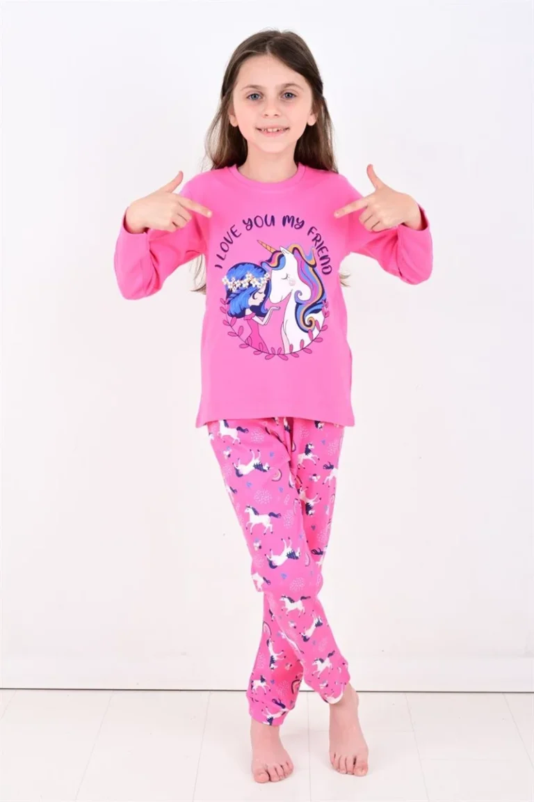 Kız Çocuk Unicornlu Love You My Frıend Yazılı Pamuklu Pembe Renk Pijama Tk.