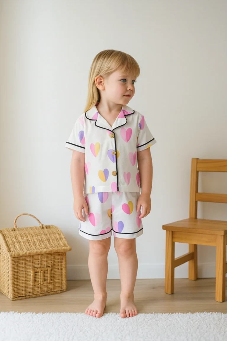 Kız Bebek Kalp Baskılı Düğmeli KIsa Kollu Şortlu Pijama Takımı