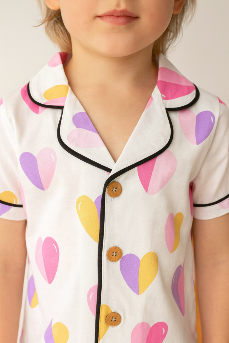 Kız Bebek Kalp Baskılı Düğmeli KIsa Kollu Şortlu Pijama Takımı - 2. görsel