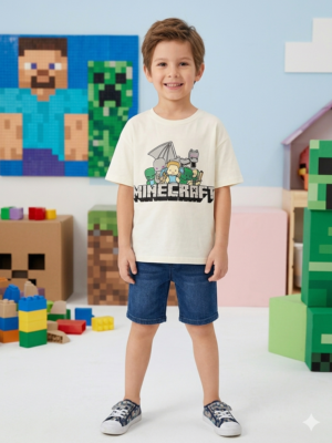 Erkek Çocuk Minecraft Baskılı Kısa Kol Beyaz Renk Tişört - Almira Bebek