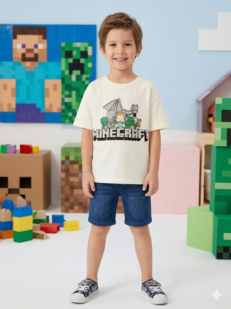 Erkek Çocuk Minecraft Baskılı Kısa Kol Beyaz Renk Tişört