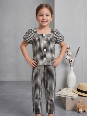 Kız Çocuk Piti Kare Detaylı Pantolon Bluz Takım - Almira Bebek