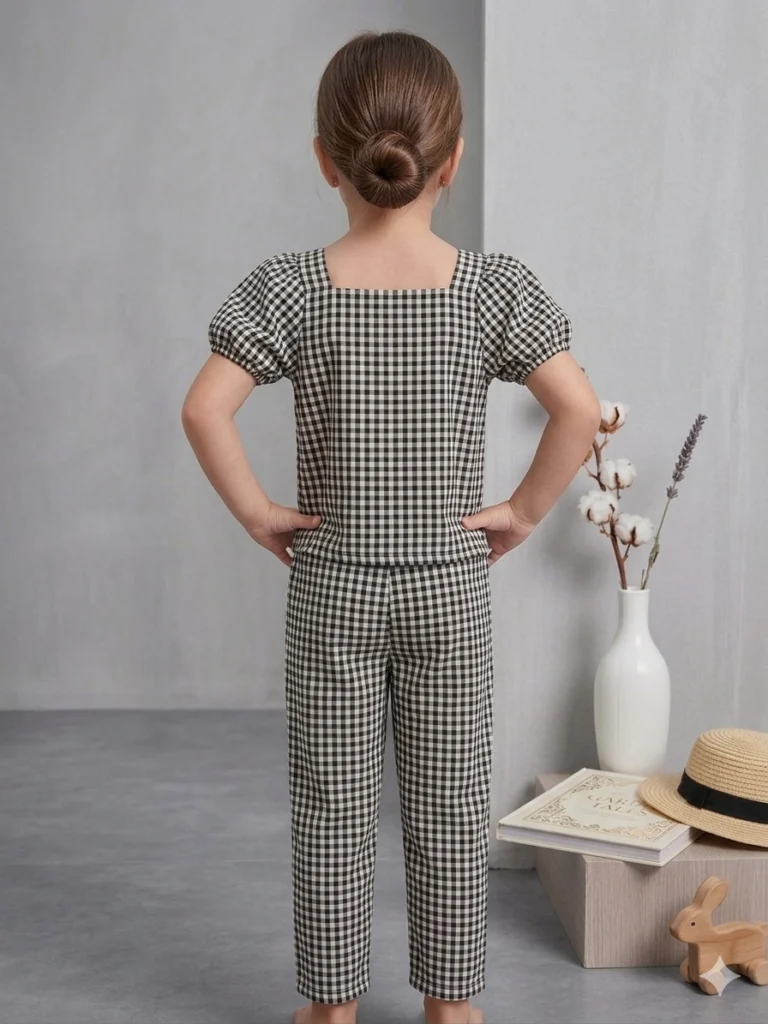Kız Çocuk Piti Kare Detaylı Pantolon Bluz Takım - 2. görsel