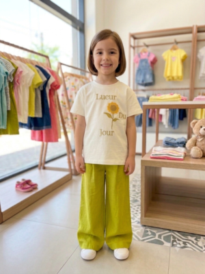 Kız Çocuk Ay Çiçeği Baskılı Keten Pantolonlu 2'li Takım - Almira Bebek