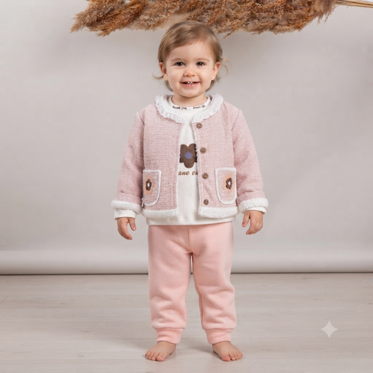 Kız Bebek Yakası Fistolu Düğmeli Cepli Simli Peluş Ceketli 3 'lü Takım