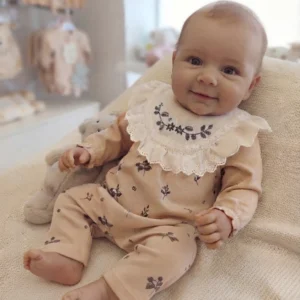 Kız Bebek yakası Fistolu Çiçek İşlemeli Uzun Kol Tulum - Almira Bebek
