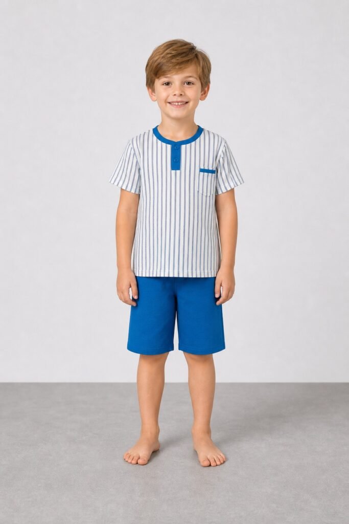 Erkek Bebek ve Çocuk Mavi Çizgili Kısa Kollu Pijama Takımı 1-9 Yaş