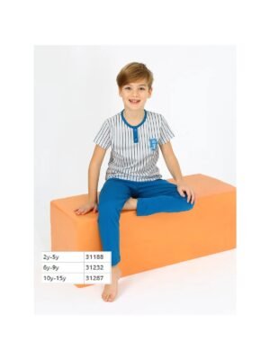 Erkek Bebek ve Çocuk Mavi Çizgili Kısa Kollu Pijama Takımı orijinal ürün görünümü
