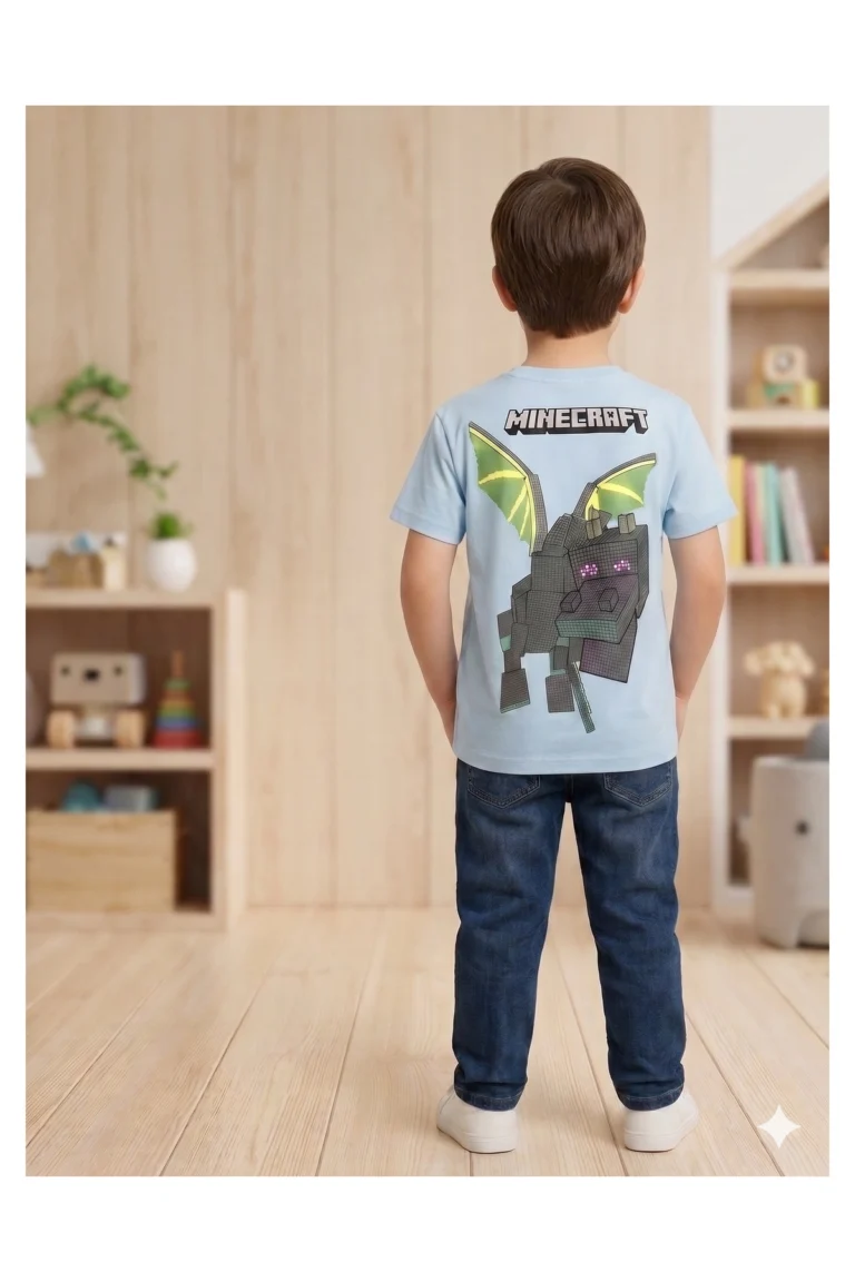 Erkek Çocuk Minecraft Baskılı Mavi Kısa Kollu Tişört orijinal ürün ikinci görünüm