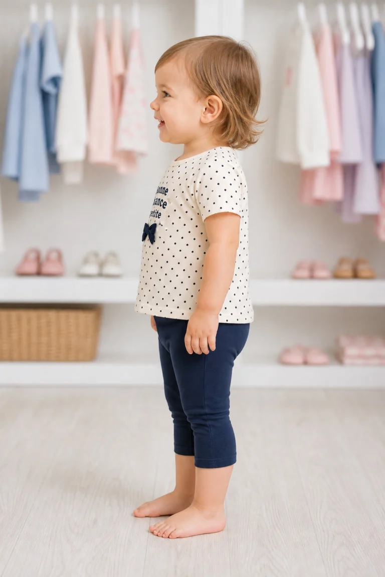 Kız Bebek Bonne Chance Petite Yazılı Fiyonk Detaylı Taytlı Takım yandan gerçekçi çocuk mankenli görünüm
