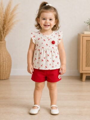 Kız Bebek Kiraz Desenli Müslin Şortlu Takım 9 Ay-3 Yaş