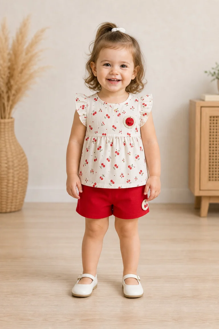 Kız Bebek Kiraz Desenli Müslin Şortlu Takım 9 Ay-3 Yaş