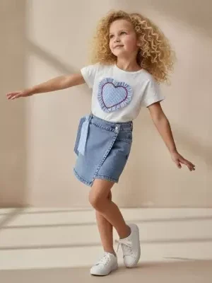 Kız Çocuk Kalpli -kısa Kollu Tişört- Kot Şort Etekli Takım - Almira Bebek