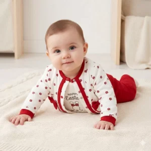 Kız Bebek Çiçek Desenli- Önden Çıtçıtlı- Kırmızı Takım Renk 3 Lü