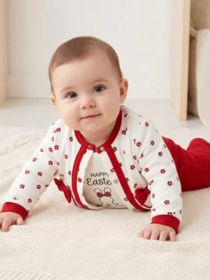 Kız Bebek Çiçek Desenli-  Önden Çıtçıtlı- Kırmızı Takım Renk 3 Lü - Almira Bebek
