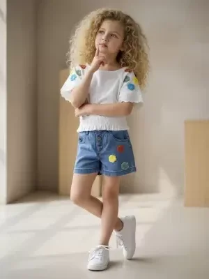 Kız Çocuk Ovirzise Çiçek Nakışlı-kol Uçları Fistolu-beli Lastikli Tişört-kot Şortlu Takım - Almira Bebek
