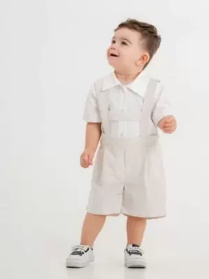 Erkek Çocuk Gömlekli- Askılı -şortlu -keten -salopet Takım - Almira Bebek