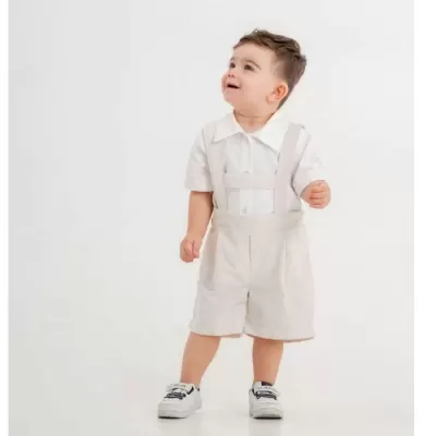 Erkek Çocuk Gömlekli- Askılı -şortlu -keten -salopet Takım - Almira Bebek
