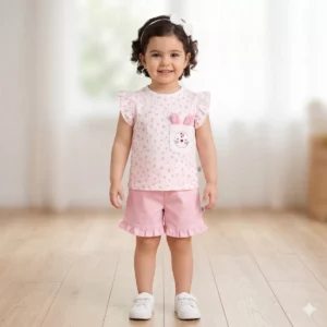 Kız Bebek Kedi Baskılı- Cepli- Fırfırlı Şotlu Takım - Almira Bebek